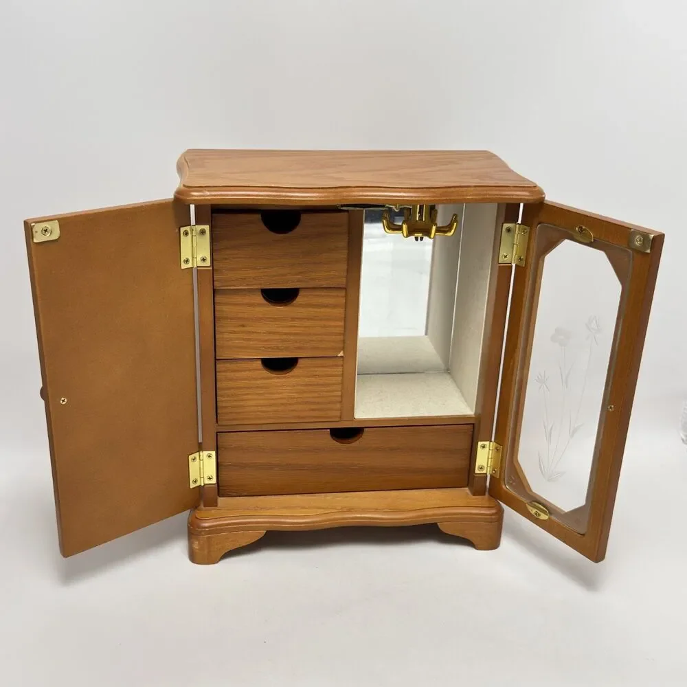 Vintage Wooden Jewelry Box Armoire Wood Tabletop Jewelry Organizer With Mirror